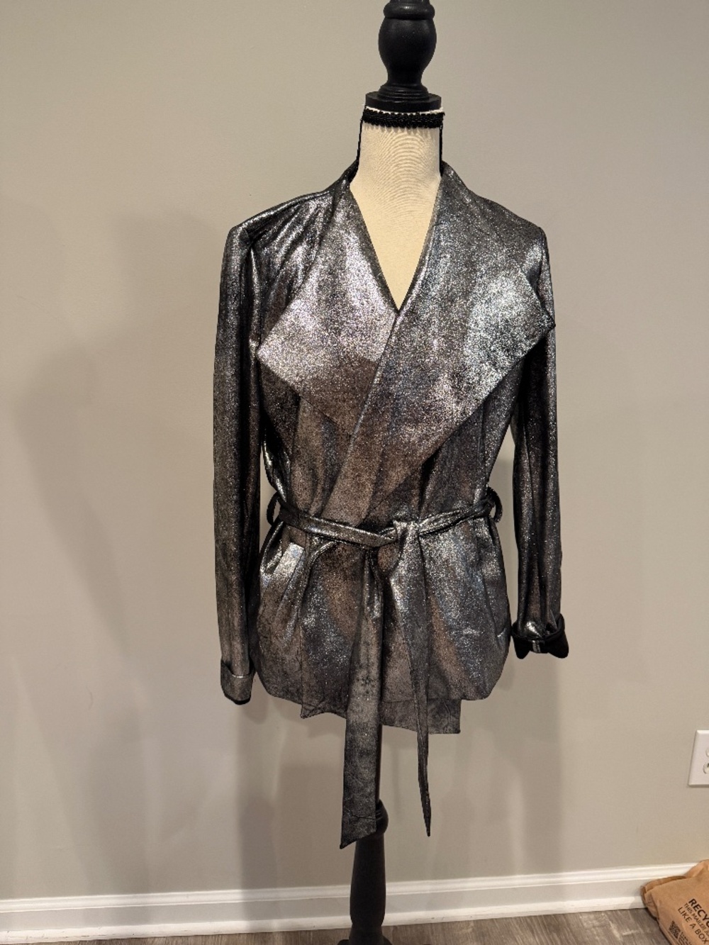 NWOT Donna Karen Silver Mettalic Crackle Moto Jacket with Tie Wrap Size S